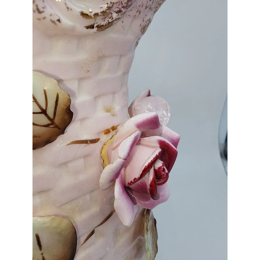 Vintage Pink Basketweave Ceramic Vase 3D Applied Roses Gold Gilt Trim 7.5in